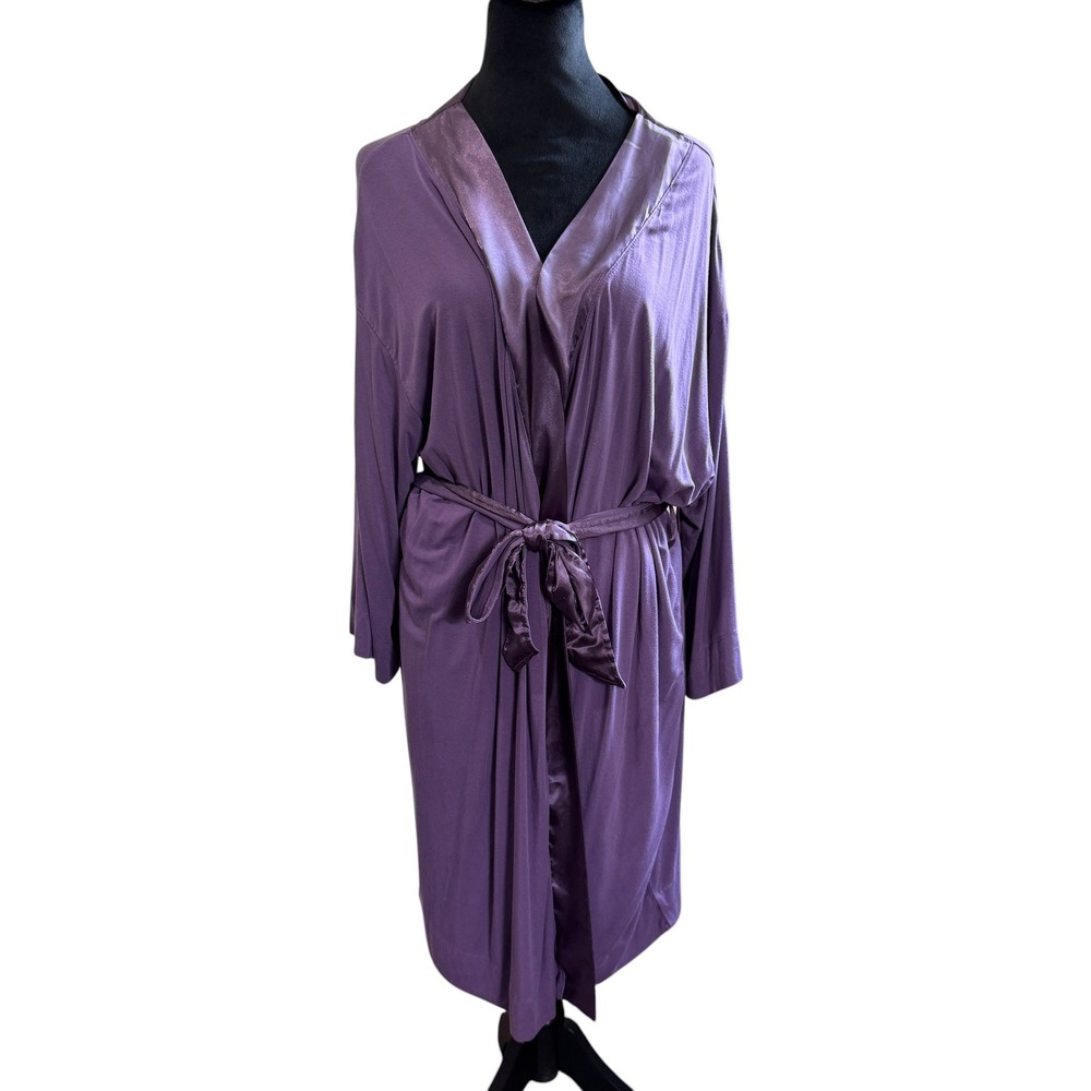 Lands' End Robe Women L/P 14-16 Purple Excellent Knit Satin Trim Wrap Loungewear